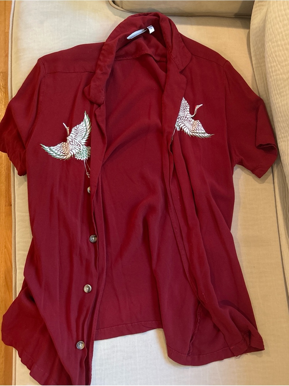 ASOS Men's Deep Red Short-Sleeve Button-Down Shirt with Crane Embroidery